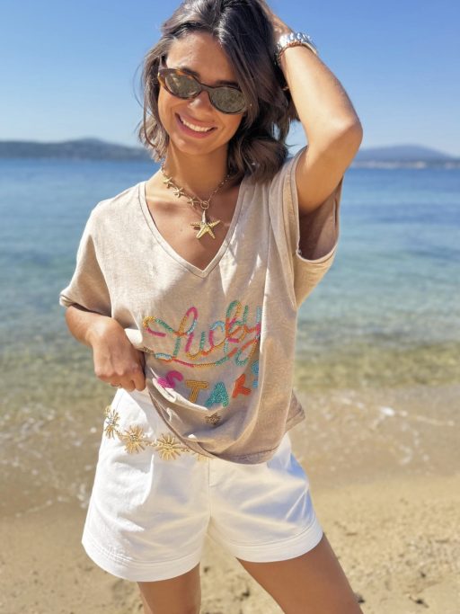 Tee-shirt col v LUCKY  beige