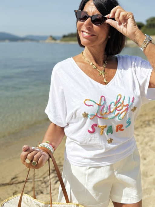 Tee-shirt col v LUCKY  blanc
