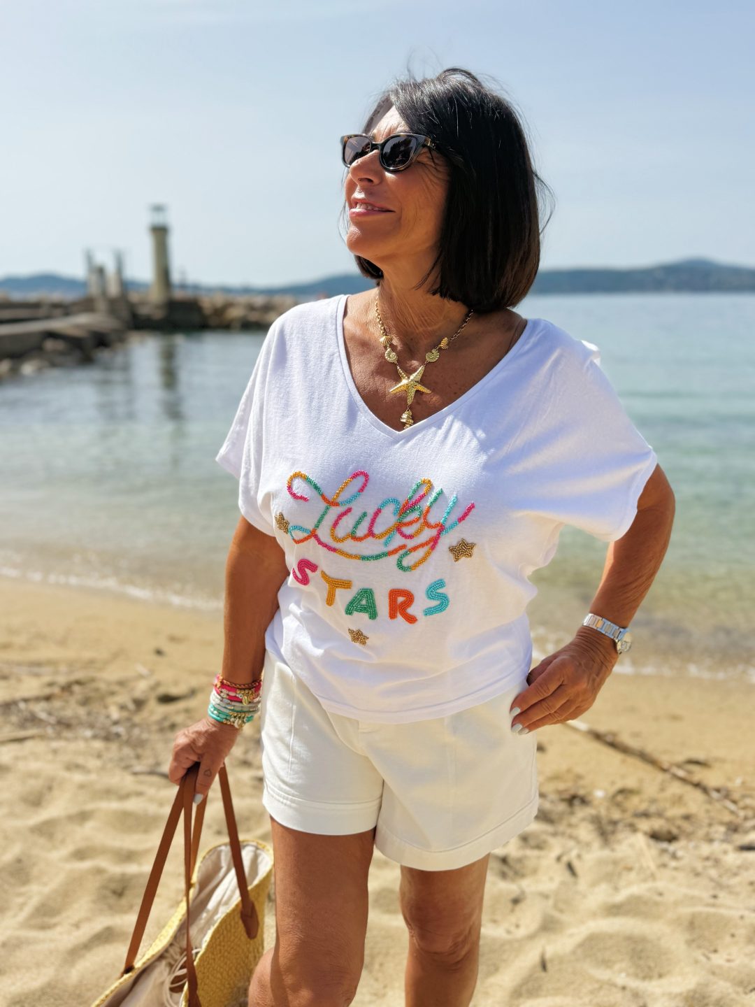 Tee-shirt col v LUCKY  blanc – Image 2