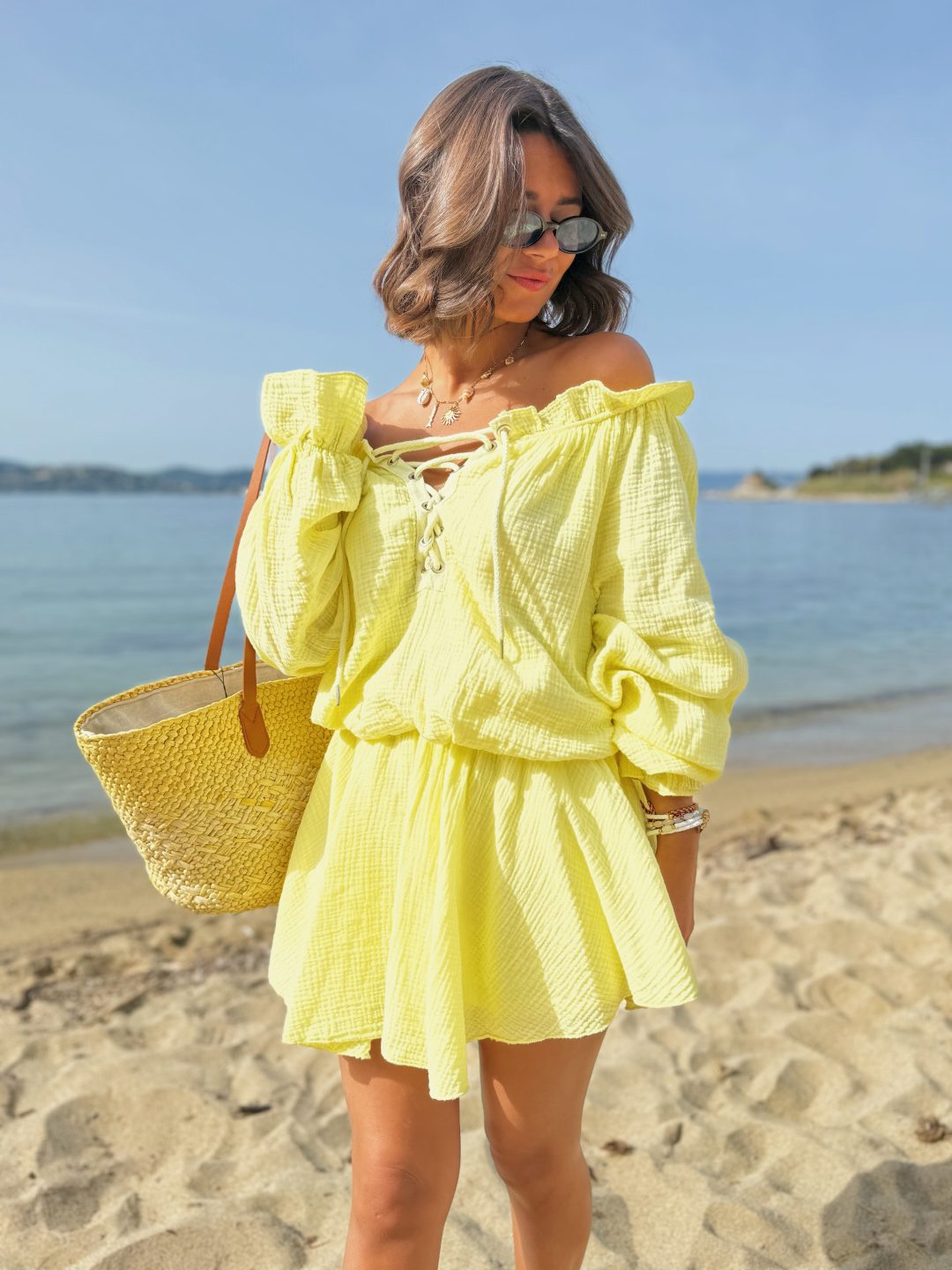 Robe BOHO en gaze de coton jaune – Image 2